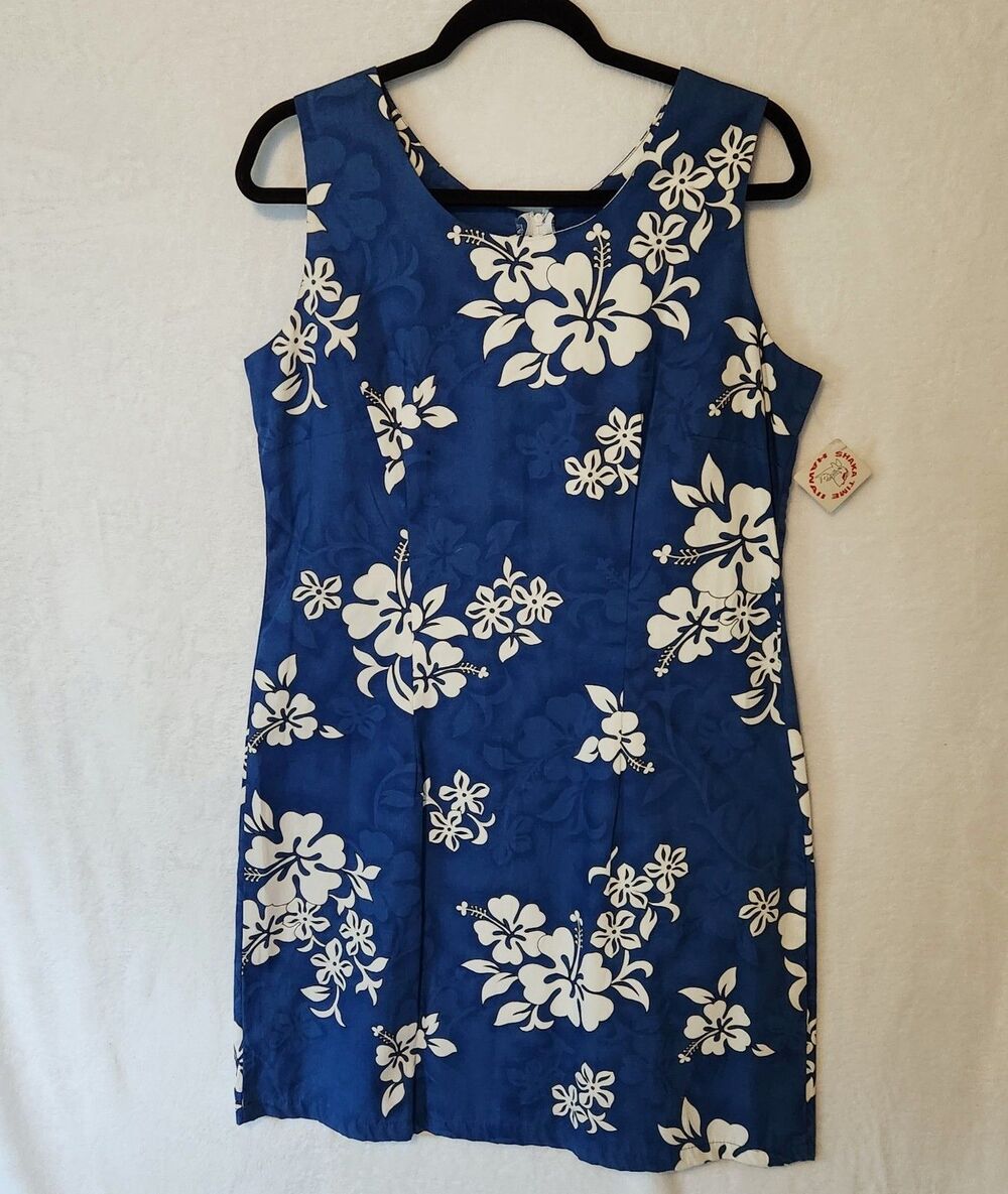 Pacific Legend Womens Blue Hibiscus Floral Hawaiian Shift Dress US Made Sz XL